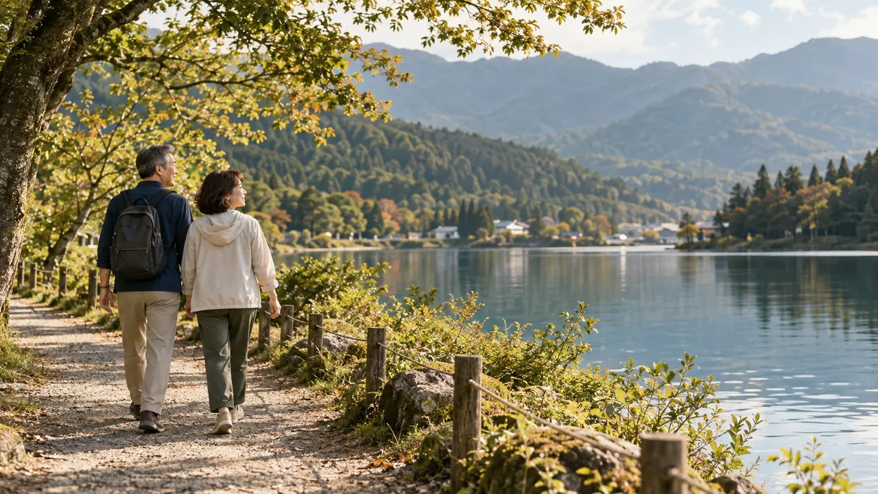 湖畔の遊歩道を一緒に歩く50代ほどの男女を描いたイメージ写真